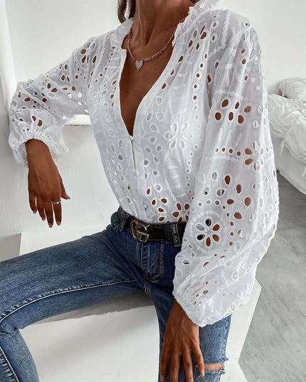 Eyelet Embroidered Button Front Shirt with Puffed Sleeves