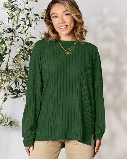 Basic Bae Full Size Ribbed Round Neck Slit Knit Top