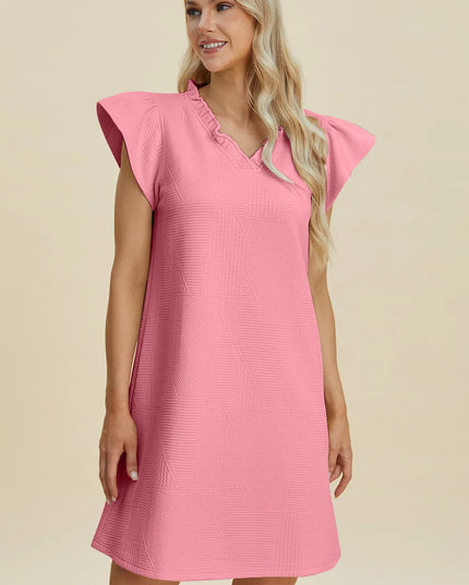 Double Take Full Size Ruffled V-Neck Cap Sleeve Dress