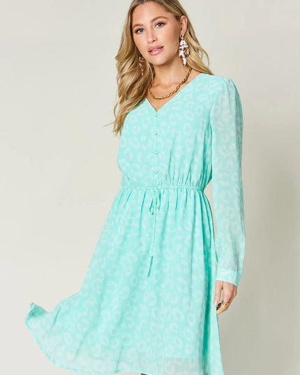 Double Take Full Size Printed Ruched V-Neck Long Sleeve Dress