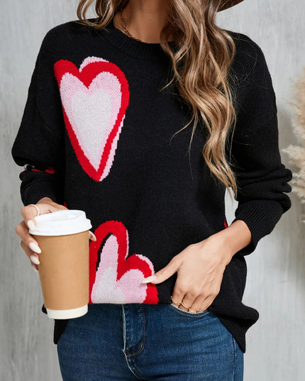 Angel Wings Heart Round Neck Long Sleeve Sweater Black