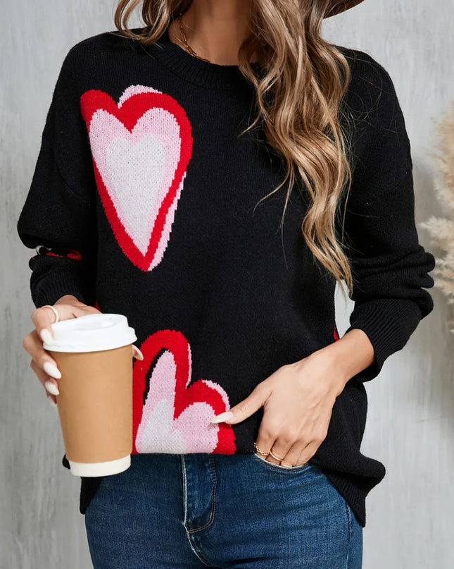 Angel Wings Heart Round Neck Long Sleeve Sweater Black