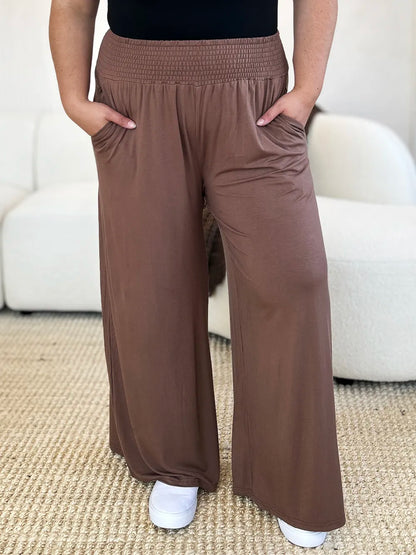 Basic Bae Full Size Smocked Wide Waistband Wide Leg Pants Mocha