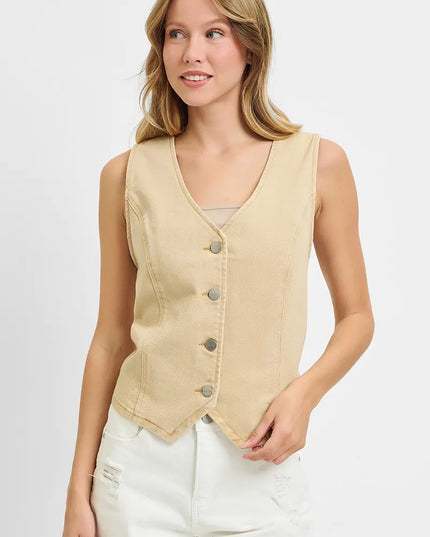 RISEN Full Size V Neck Button Down Vest Plus Size Latte
