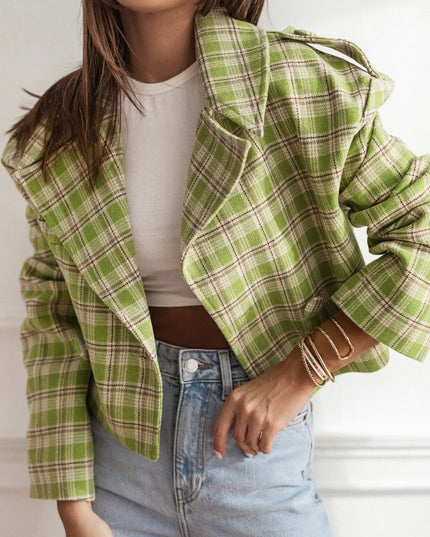 Lapel Collar Plaid Cropped Jacket Lime