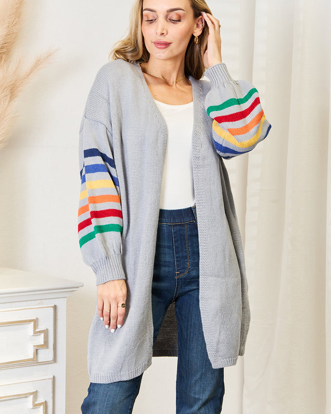 Angel Wings Multicolored Stripe Open Front Longline Cardigan Light Gray