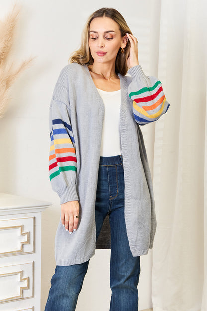 Angel Wings Multicolored Stripe Open Front Longline Cardigan Light Gray