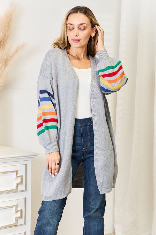Angel Wings Multicolored Stripe Open Front Longline Cardigan Light Gray