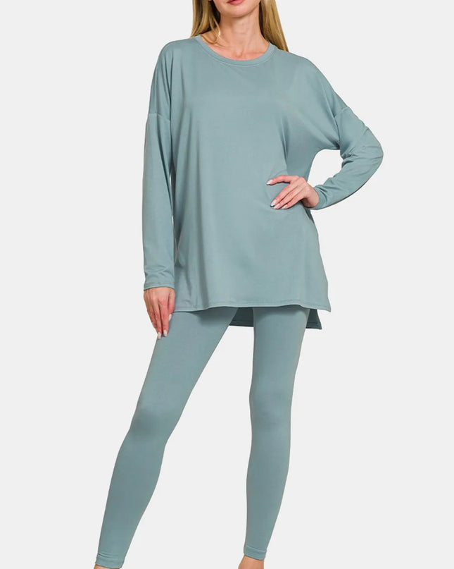 Zenana Full Size Brushed Microfiber Top and Leggings Lounge Set Blue Grey