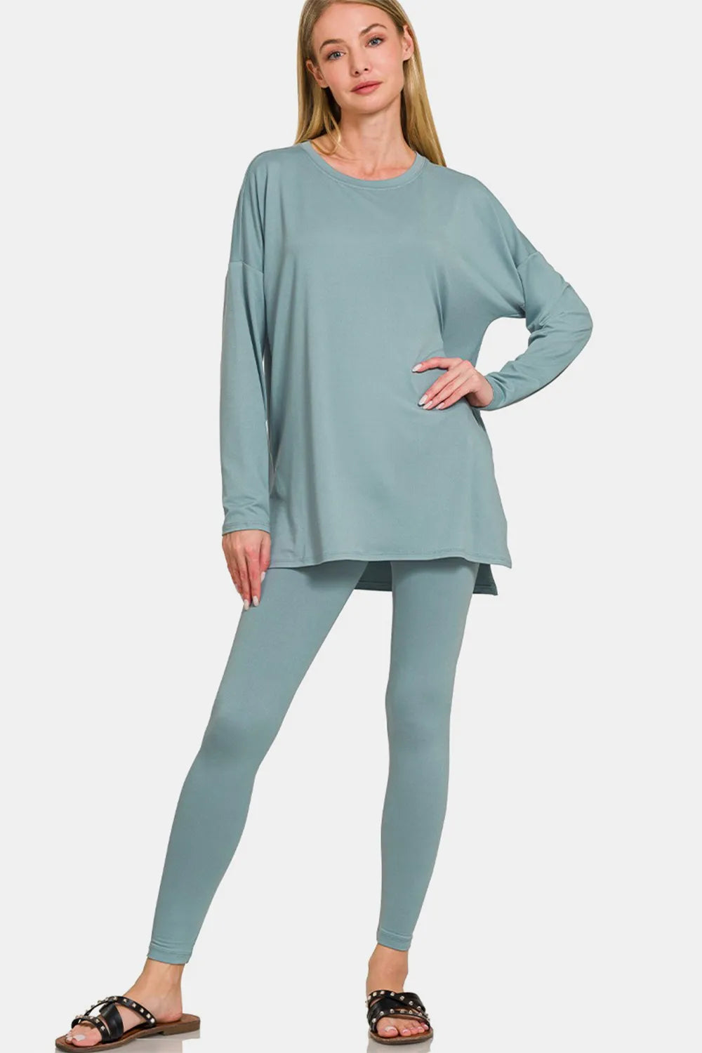 Zenana Full Size Brushed Microfiber Top and Leggings Lounge Set Blue Grey
