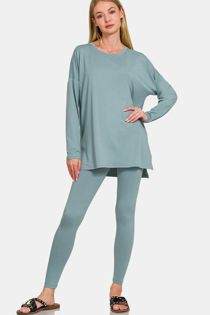 Zenana Full Size Brushed Microfiber Top and Leggings Lounge Set Blue Grey