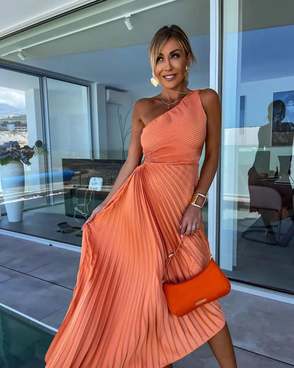 Full Size Single Shoulder Pleated Midi Dress Plus Size 