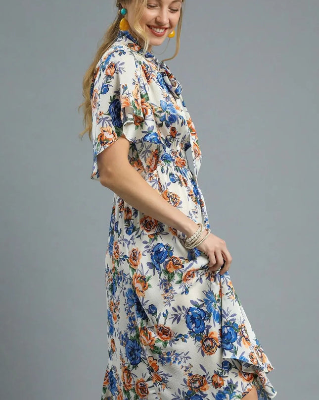 Umgee Floral Print Flutter Sleeve Dress 