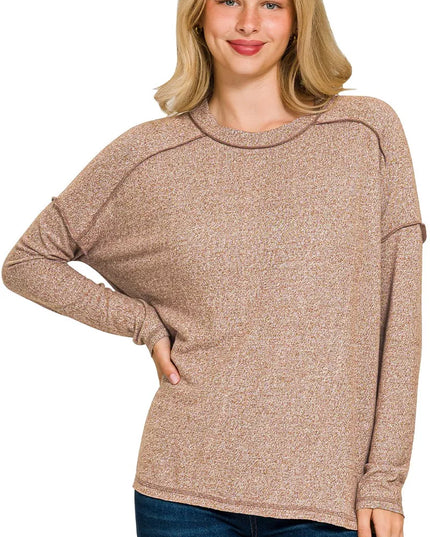 Zenana Full Size Melange Hacci Exposed Seam Hi-low Tee Plus Size BROWN