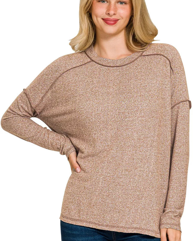 Zenana Full Size Melange Hacci Exposed Seam Hi-low Tee Plus Size BROWN