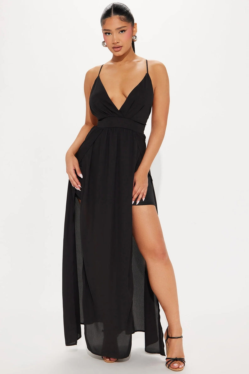 Slit Front Crisscross Back Maxi Dress Black