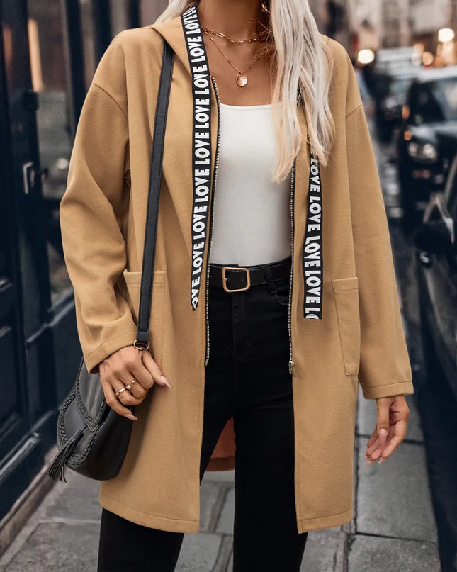 Letter Print Strap Zip Up Hooded Trench Coat