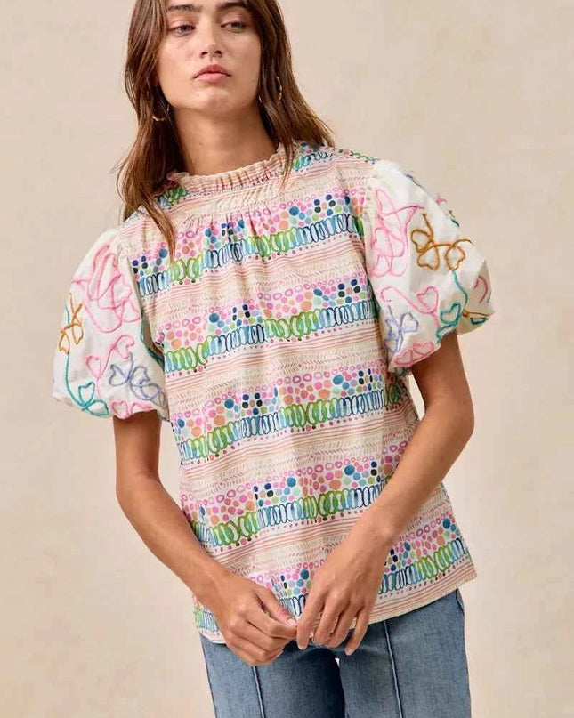 BiBi Ruffle Neckline Blouse With Embroidery Bubble Sleeve