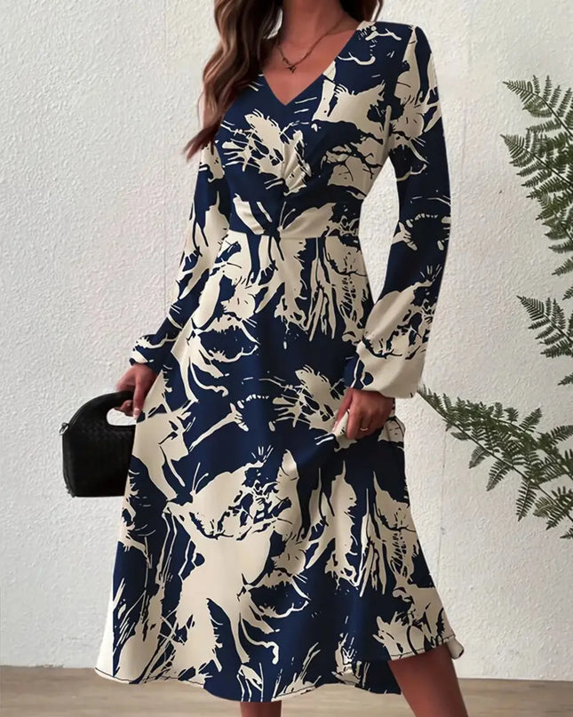 Long Sleeve Printed Midi Dress Indigo
