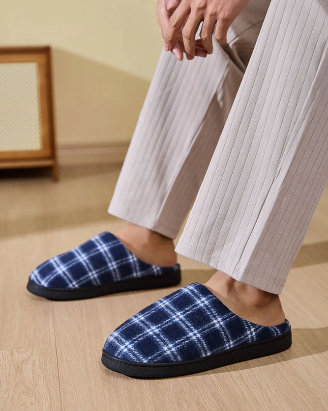 Plaid Fleece Lined Cozy Indoor Slippers Cyan