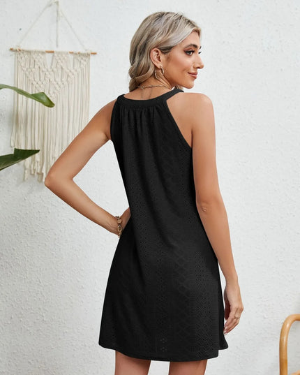 Eyelet Round Neck Sleeveless Dress 