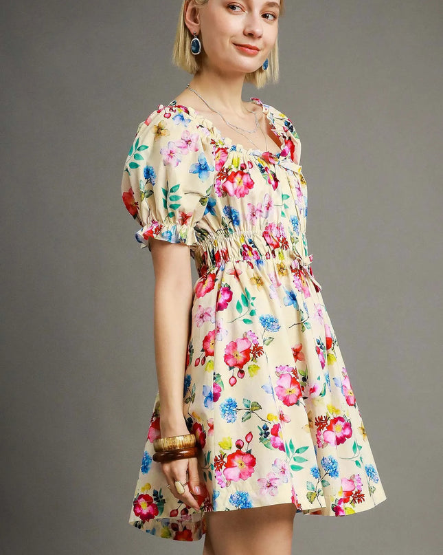 Umgee Floral Print Puff Sleeve Mini Dress