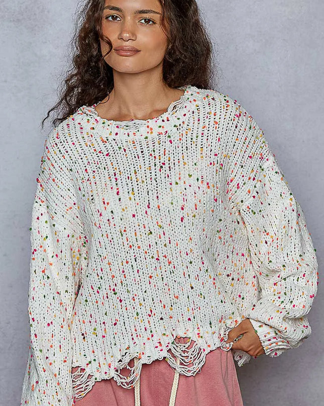 POL Round Neck Fringed Hem Sweater