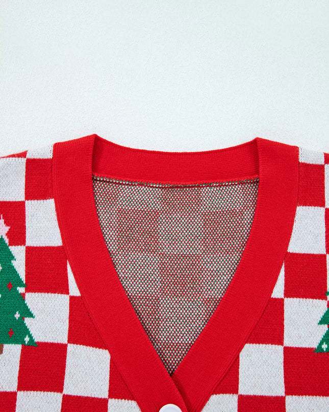 Christmas Tree Pattern Checkered Button V Neck Cardigan