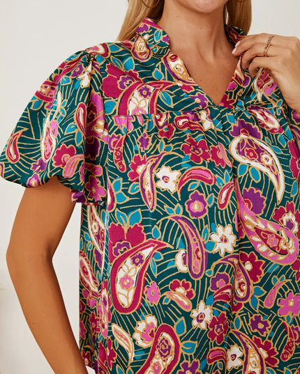 Floral Collared Neck Short Sleeve Blouse