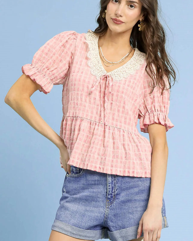 Umgee Short Sleeve Gingham Lace Peplum Blouse Pink
