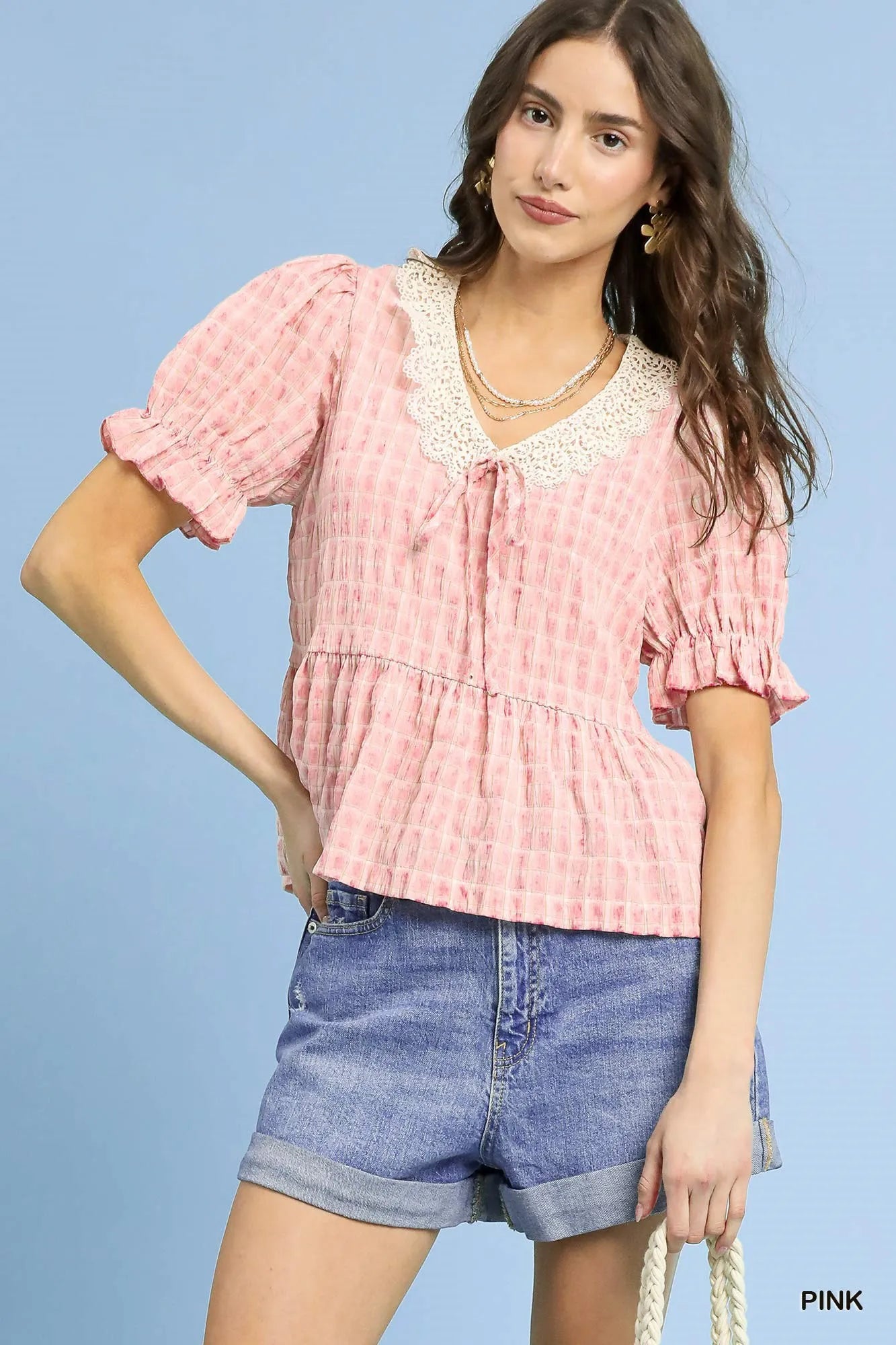 Umgee Short Sleeve Gingham Lace Peplum Blouse Pink