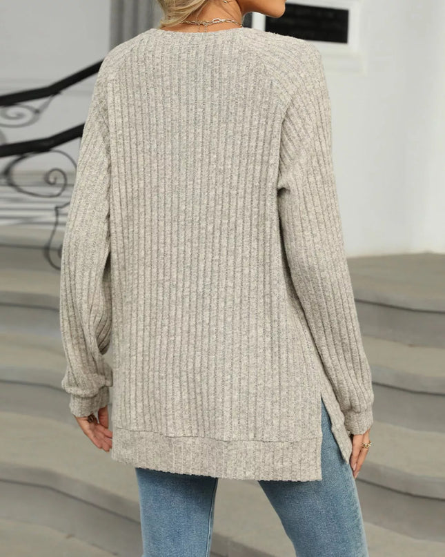 Ribbed Round Neck Long Sleeve T-Shirt