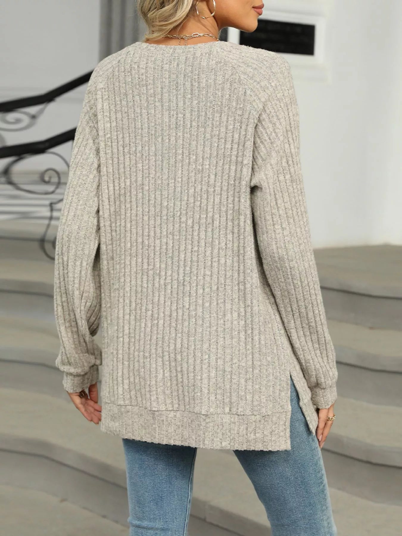 Ribbed Round Neck Long Sleeve T-Shirt