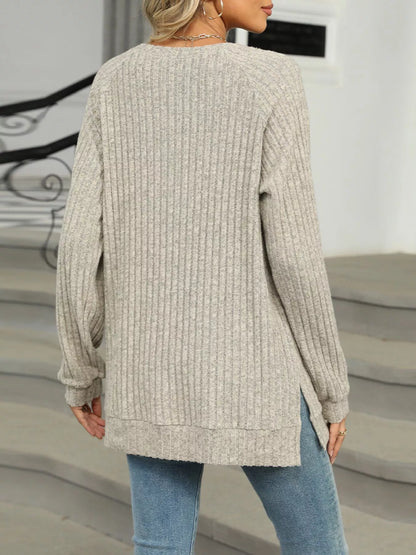 Ribbed Round Neck Long Sleeve T-Shirt