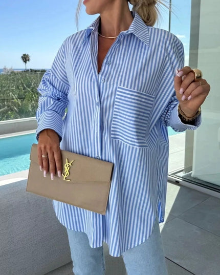 Striped Oversized Button-Down Shirt Blue