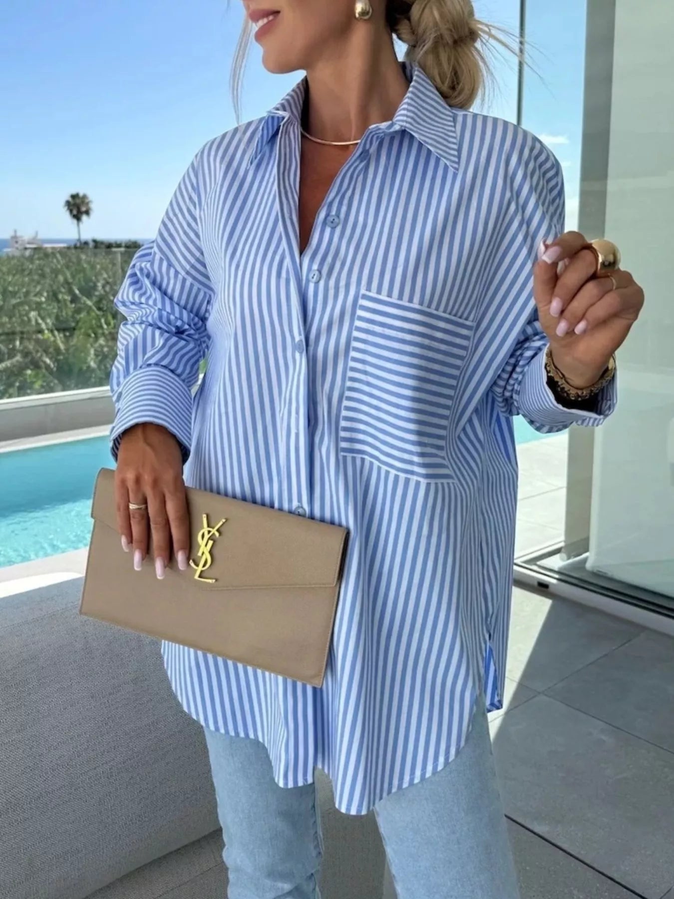 Striped Oversized Button-Down Shirt Blue