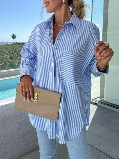 Striped Oversized Button-Down Shirt Blue