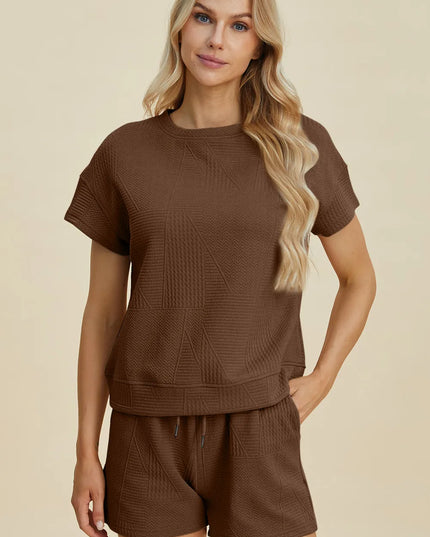 Double Take Full Size Texture Short Sleeve Top and Shorts Set