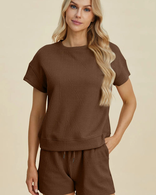 Double Take Full Size Texture Short Sleeve Top and Shorts Set