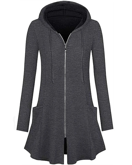 Longline Hooded Zip-Up Cardigan Coat with Flared Hem Gray