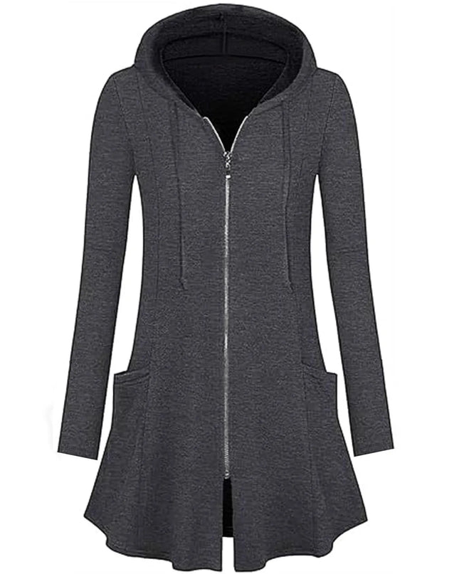 Longline Hooded Zip-Up Cardigan Coat with Flared Hem Gray