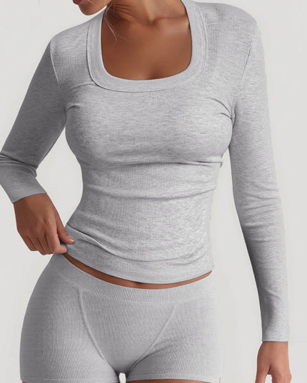 Square Neck Long Sleeve Top and Shorts Set White