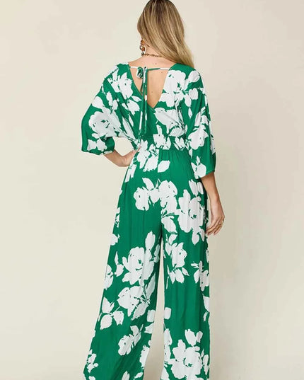 Double Take Full Size Printed Tie Back Wide Leg Jumpsuit