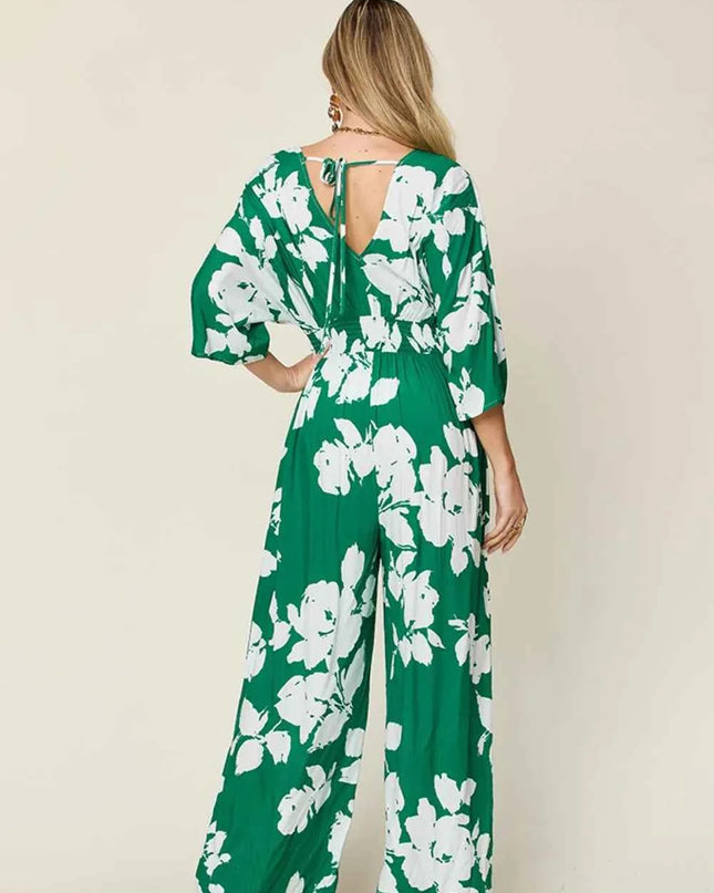 Double Take Full Size Printed Tie Back Wide Leg Jumpsuit