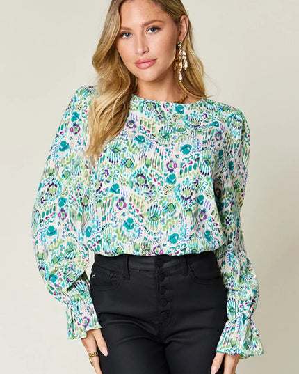 Double Take Full Size Printed Flounce Sleeve Blouse Turquoise