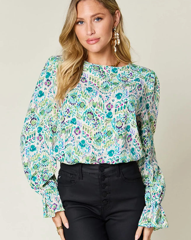Double Take Full Size Printed Flounce Sleeve Blouse Turquoise
