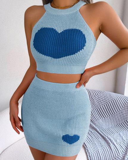 Heart Contrast Ribbed Sleeveless Knit Top and Skirt Set