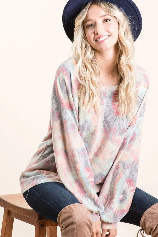 BiBi Brushed Tie Dye Print Top with Puff Sleeves
