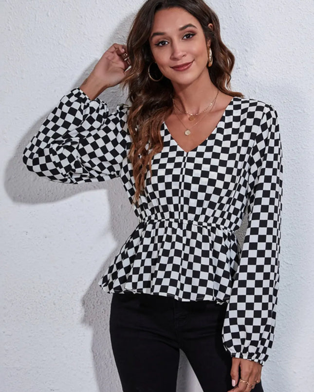Checkered V-Neck Balloon Sleeve Peplum Blouse