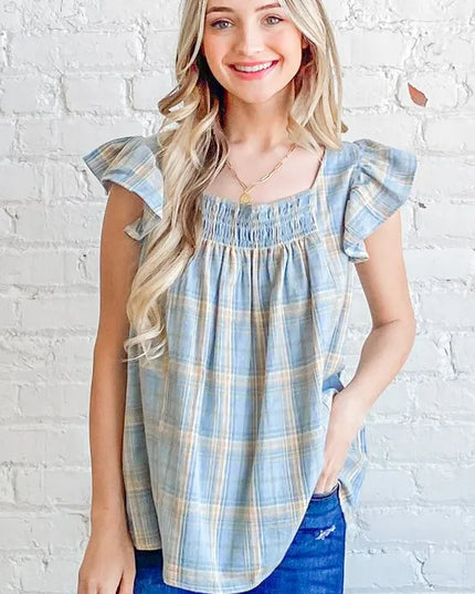 And The Why Plaid Print Smocked Detail Ruffle Baby Doll Top BLUE